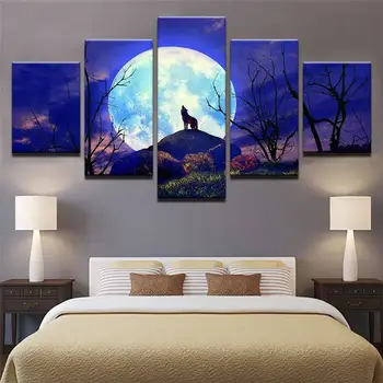 

Canvas Art Print 5 Panel Animal Wolf Poster Home Decor Wall Picture Child Room Night View -105280-JBO