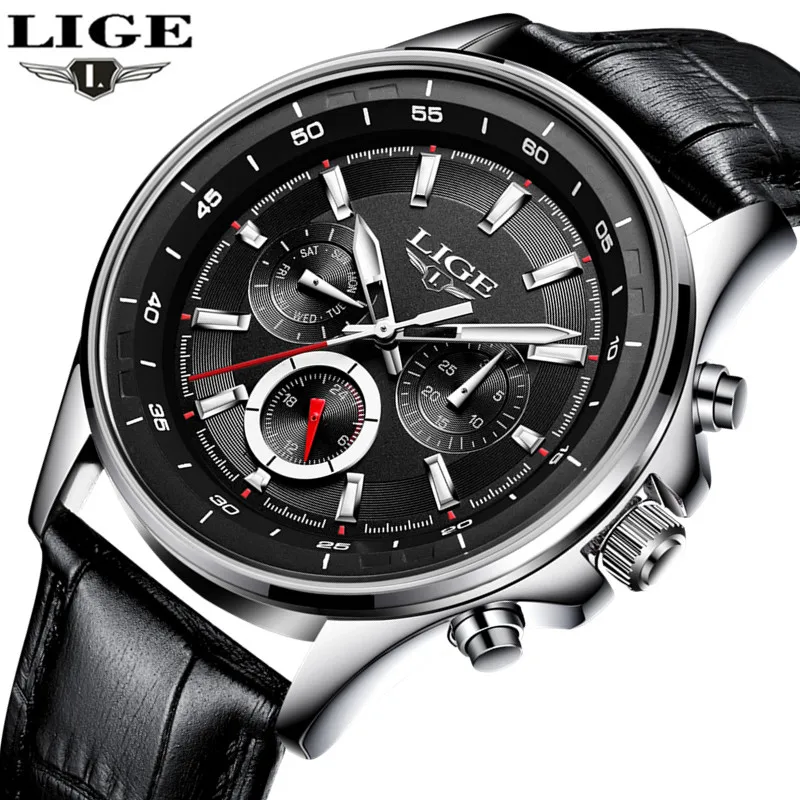 

LIGE 19 new hot popular watch men's fashion sports quartz clock men's watch leather business waterproof watch Relogio Masculino