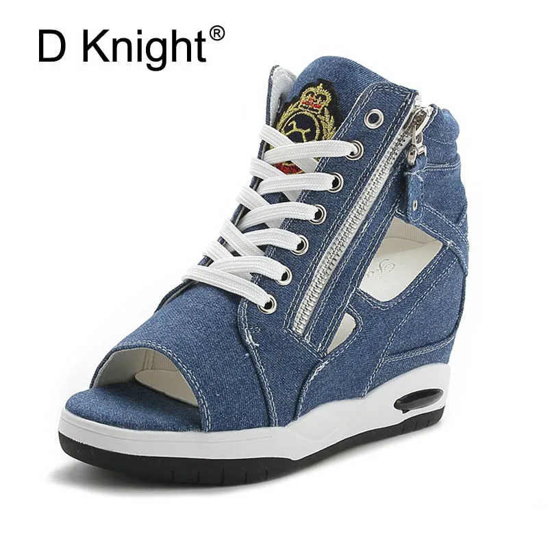 

Women Peep Toe Sandals Summer Platform Wedge Invisible High Heels Boots Rome Style Side Zip Casual Shoes Woman Silver Blue White