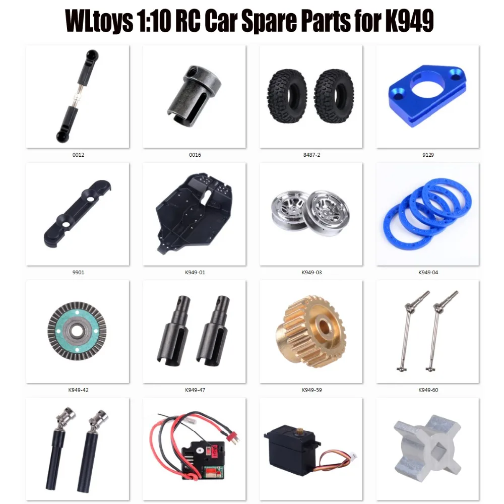 

WLtoys 1:10 RC Car Spare Parts for K949-01 Bottom/02 Tire/03 Hub/K949-79 Receiver Board/K949-110 Servo/Swing Arm/Gear/Screw Kits