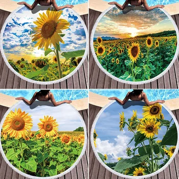 

Summer Sunflower Floral 450G Round Beach Towel with Tassel 150cm Blanket Mat Tapestry Swimming Bath Towel Dropship