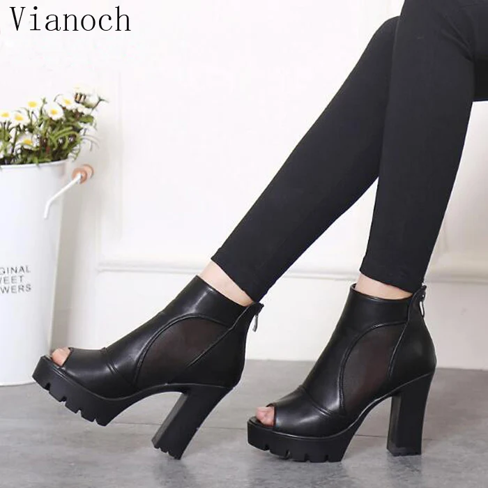 2018 Fashion New Womens Platform Pumps Summer High Heels Peep Toe Thick Heels Shoes Black Lady aa0859