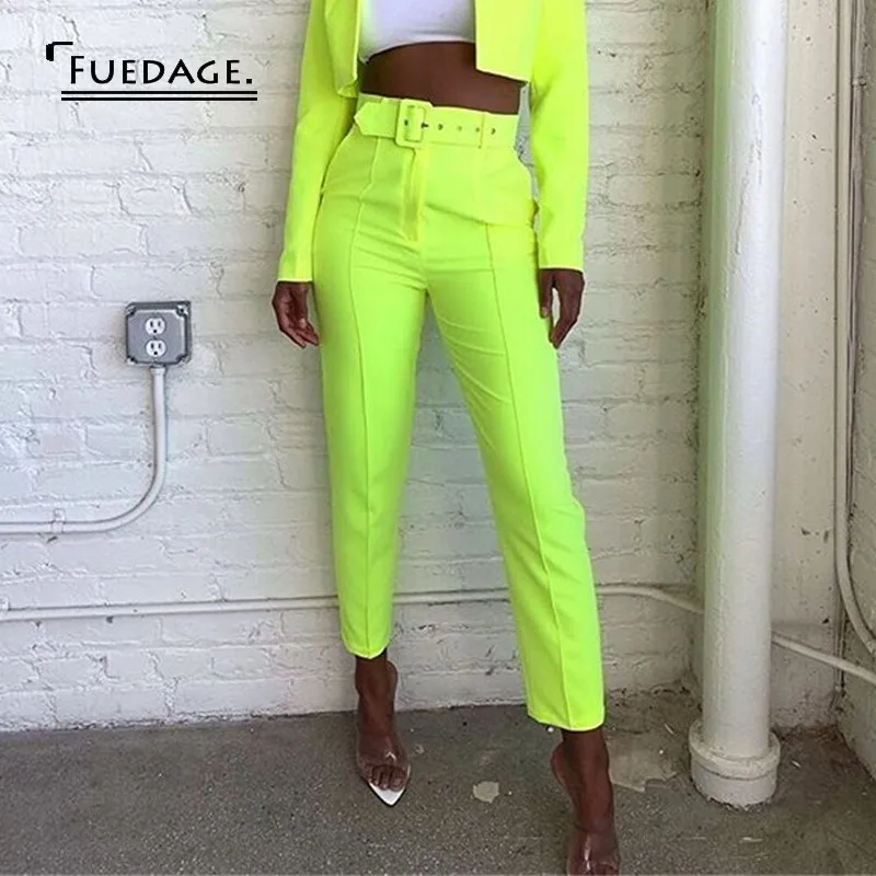 

Fuedage Summer Casual High Waist Pants Women 2019 Straight Belted Pockets Trousers Long Pants Sweatpant Streetwear Clothes