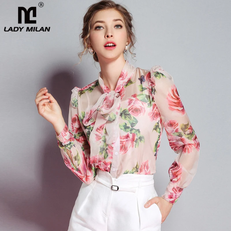 

Lady Milan New Arrival 2019 Spring Women's Bow Collar Long Sleeves Floral Printed Elegant 100% Silk Runway Designer Shirts