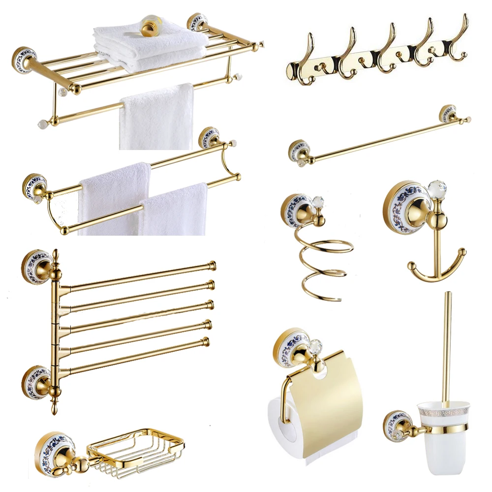 

Crystal wall mounted towel rack gold-plated blue and white porcelain soap net bathroom hardware set antique bathroom products