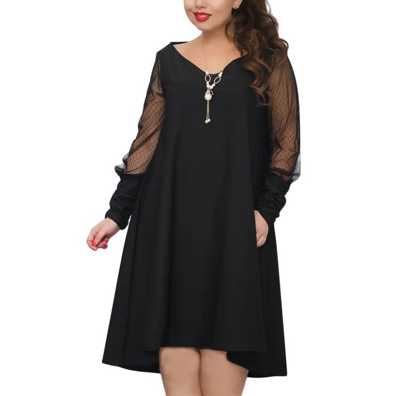 

Women Big Size Solid Mini Dress V-Neck Loose Sexy Mesh Sleeve Party Dress