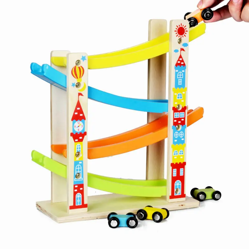 Children's Assembly Four-rail car Inertia car Roller coaster, early education wood toys, Intelligent children Classic wooden toy
