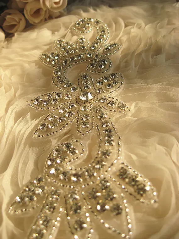 beaded rhinestone bridal Applique, bridal Sash applique, wedding
