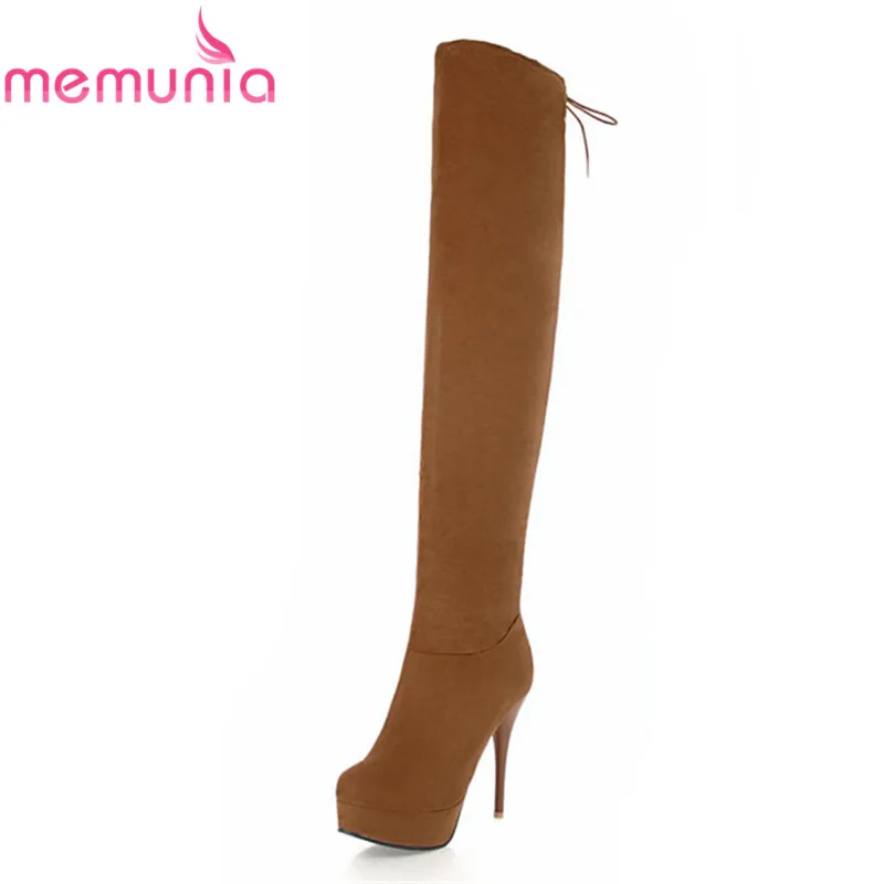 

MEMUNIA 2018 new arrival overknee boots solid round toe platform boots womens with narrow band flock thin thigh heels boots
