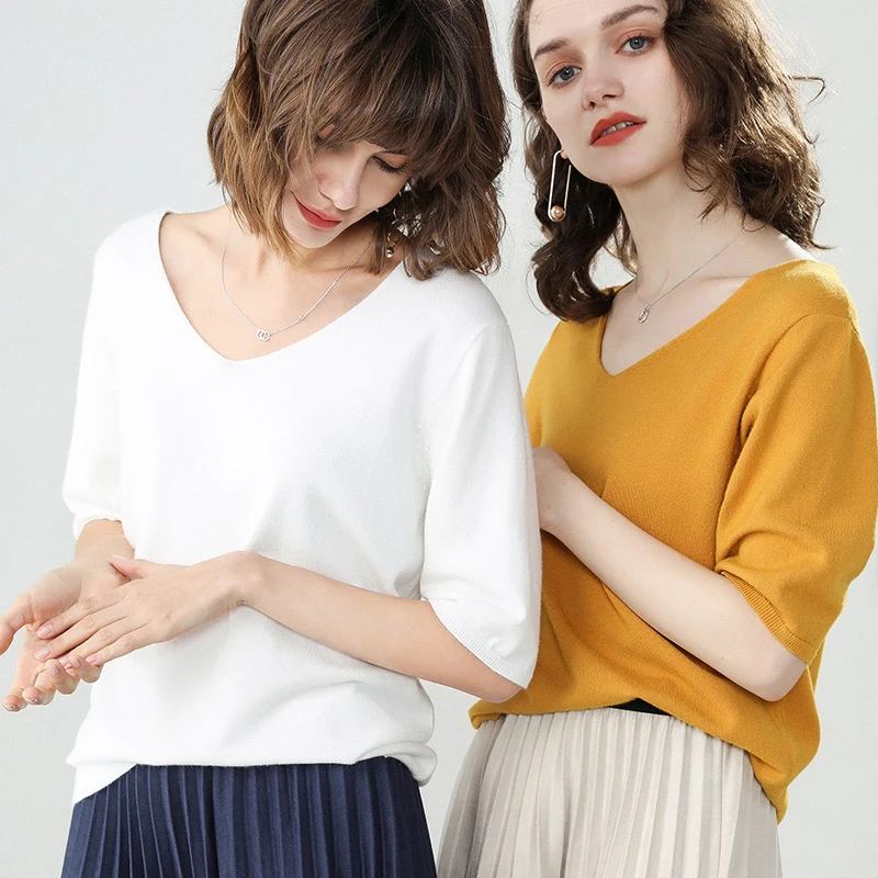 

2019 Knitted Pullover Tee Base T Loose Wool Cashmere Sweater Women's Cashmere V Neck Short Sleeve Plus Size Women Jumper