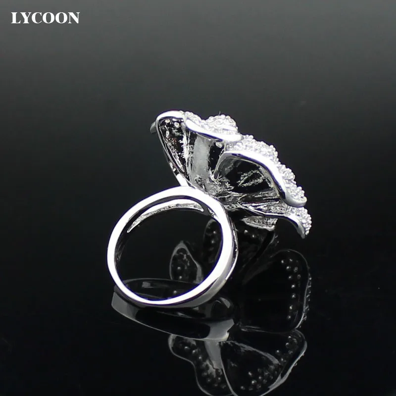 LYCOON, модные женские роскошные брендовые кольца с большим цветком розы, циркониевые кольца, высокое качество, посеребренные кольца с фианитами, вечерние кольца
