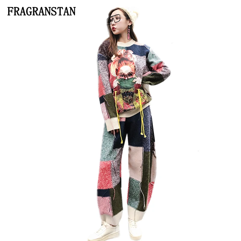 

Autumn Winter New Fashion Ladies Knitted Two Piece Set Women Printed Loose Pullover Elastic Waist Long Pant Leisure Suits JQ510
