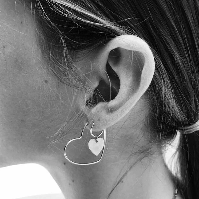 

Fashion Double Heart Sliver Color Drop Earrings Korean Simple Design Geometric Statement Earrings For Women Wedding Jewelry Gift