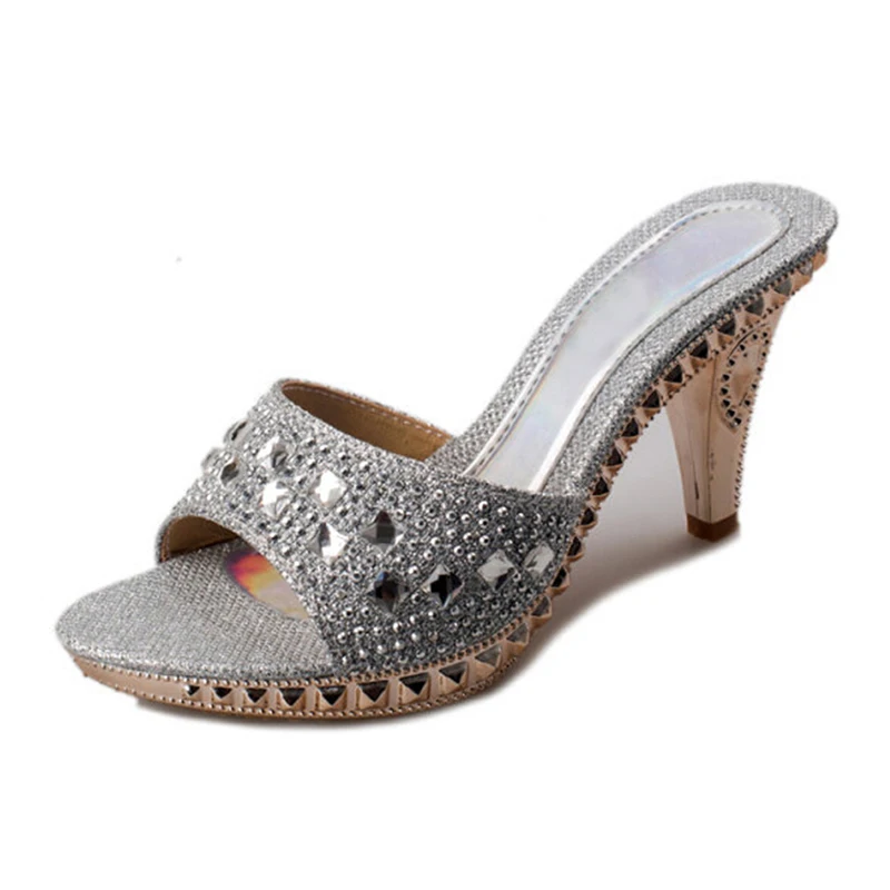 

2019 Summer Mules Slides Women Elegant Thick High Heels Rhinestone Platform Slip on Slippers Ladies Sexy Shoes XWZ2120