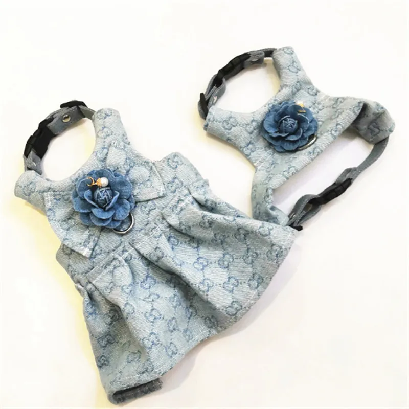

Fashion Dog Cat Harness Pet Adjustable Vest Puppy Denim Flower Printing Harness Leash for Small Medium Dog