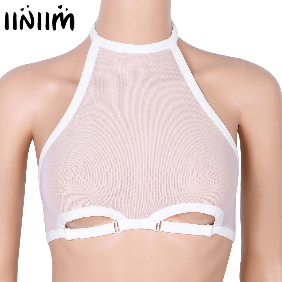 

Women Adult Erotic Underwear Soft Mesh See Through Sheer Lingerie Halter Neck Backless Hollow Out Cups Wire-free Unlined Bra Top