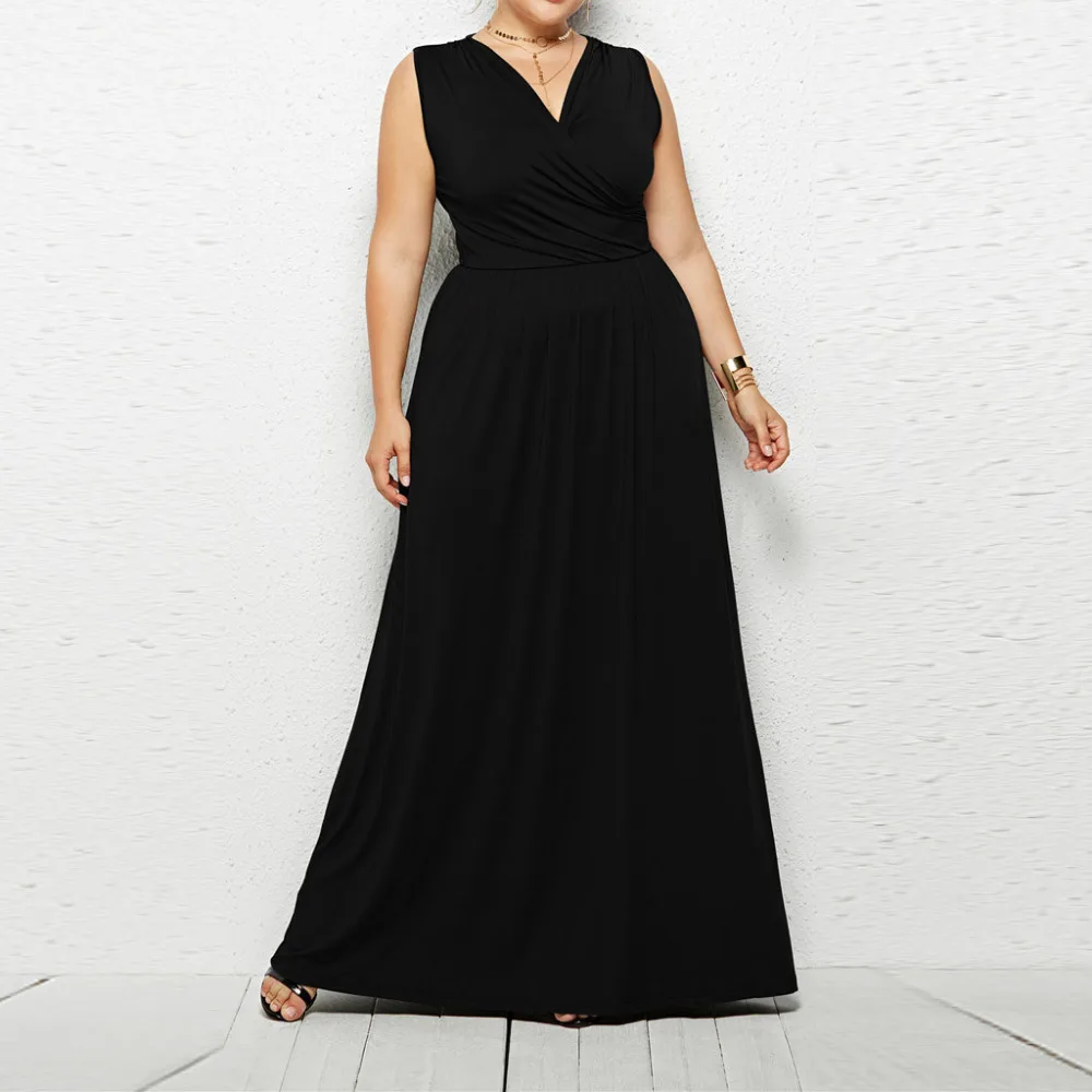 

Plus Size Summer Long Dresses Women Casual Sleeveless V-Neck Fit and Flare Solid Color Ankle-Length Dress robe ete femme #10