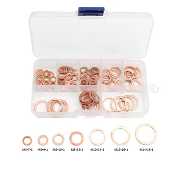 

100Pcs/Set M4-M14 Assorted Copper Washer Gasket Set Flat Ring Seal Assortment Kit with Box For Hardware Accessories