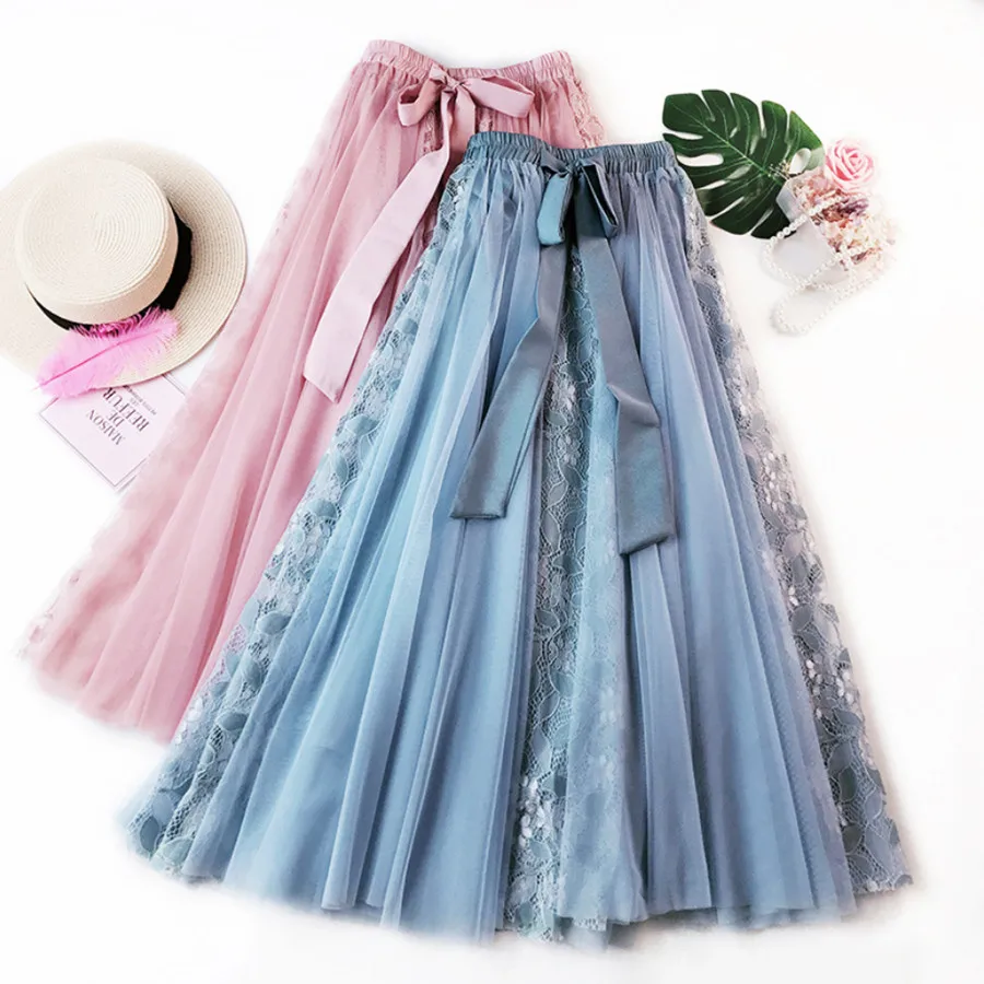 

HIGH QUALITY Women Mesh Tulle Skirts 2019 Summer Korean Lace Patchwork Long Skirt Tie Bow Ball Gown Big Swing Skirt Large Size