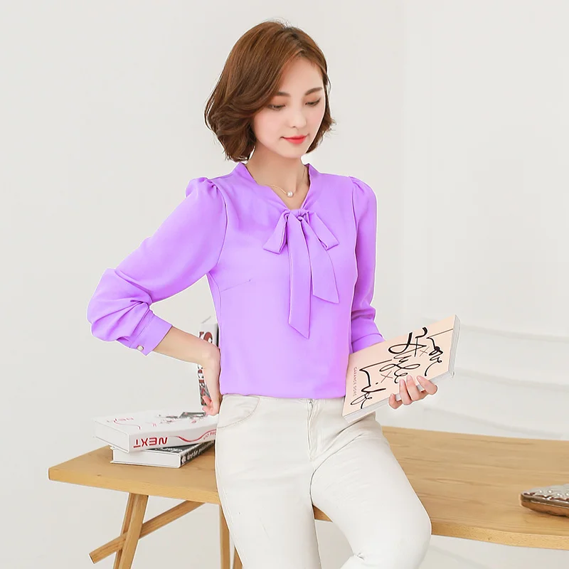 

Long Sleeve Bow Chiffon Blouse Women 2016 Autumn Slim Office Shirt White Blue Purple Korean Fashion Casual Tops Blusas S2563