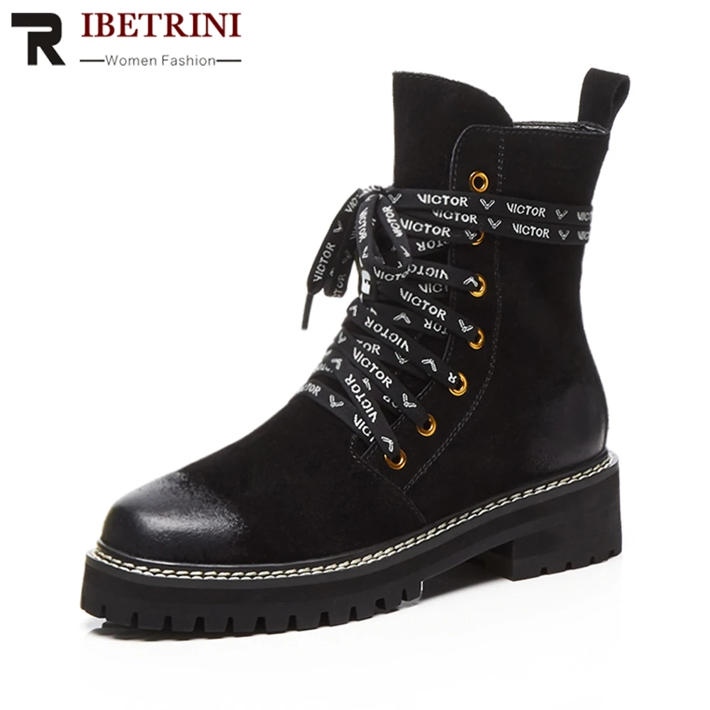 

RIBETRINI 2019 New Quality Genuine Leather Suede Platform Booties Women 2019 Autumn 33-41 Brand Med Heels Shoes Woman