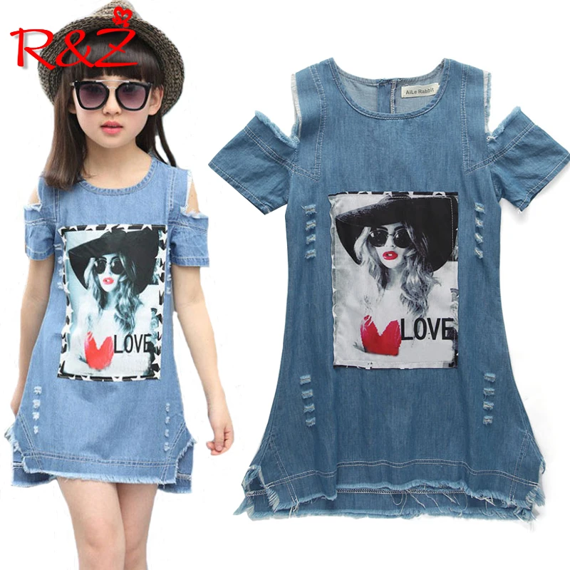 Детские платья для девочек джинсовое платье летнее платье-бюстье одежда для девочек с рисунком детская одежда с короткими рукавами джинсовые футболки