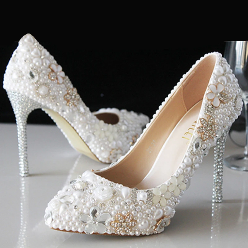 

Women Pumps Pinted Toe Autumn Wedding Luxury Heels TV Program Date Party White Pearl Crystal Bridal Plus big Size 46 Whole Sale