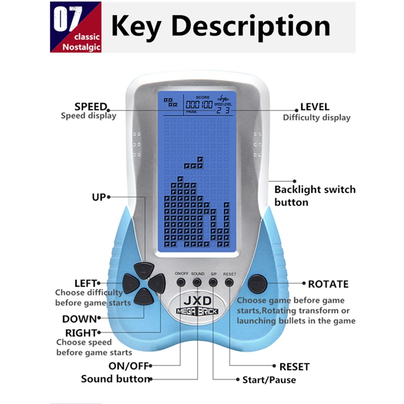 JXD Синяя подсветка большой экран тетрис игровая консоль поддержка разъем для наушников встроенные 23 игры питание от 3* AAA детская Подарочная игрушка