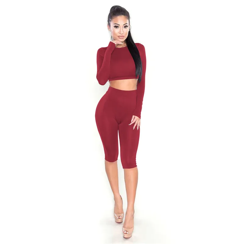 Sexy Summer 2 Piece Set Women Skinny Pants Crop Top Sets Outfits Sportsuits Jumpsuit Long Sleeve