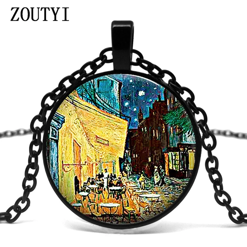 

2018/Van Gogh Cafe Terrace Art Pendant Art Glass Cabochon Jewelry Bistro Restauranteur's Gift Long Chain Ms. Necklace