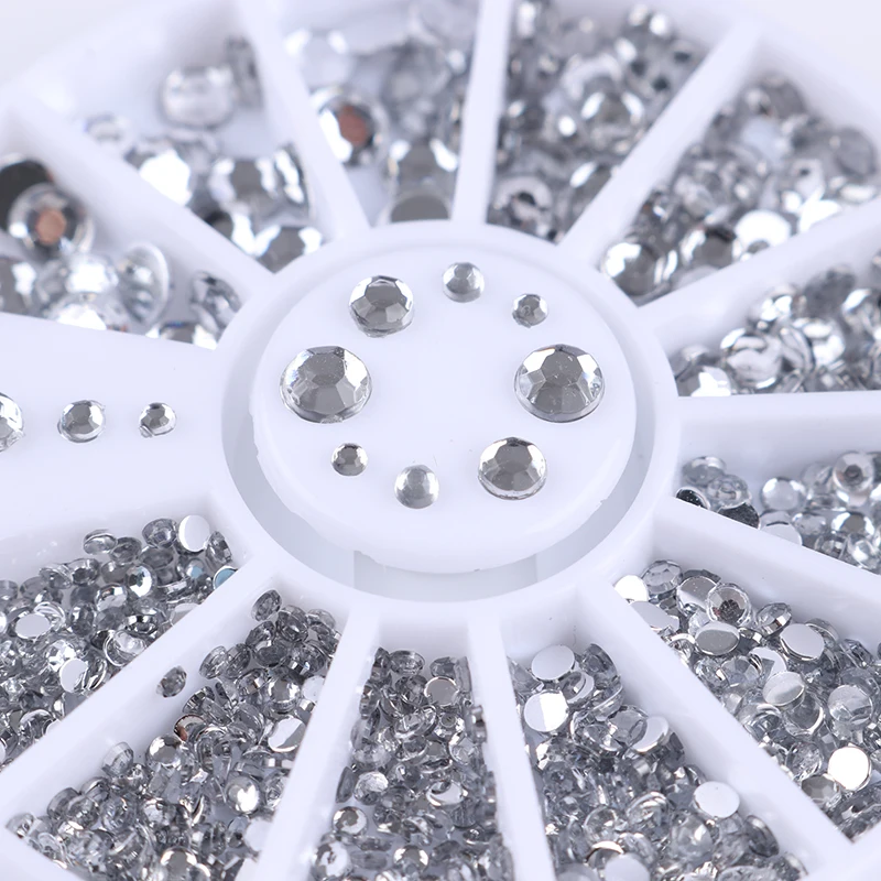 

400Pcs Nail Art Stud Silver Round Rhinestoned Acrylic UV Gel 1.2mm 2mm 3mm 4mm 5mm 6mm 3D Nail Decorations in Wheel