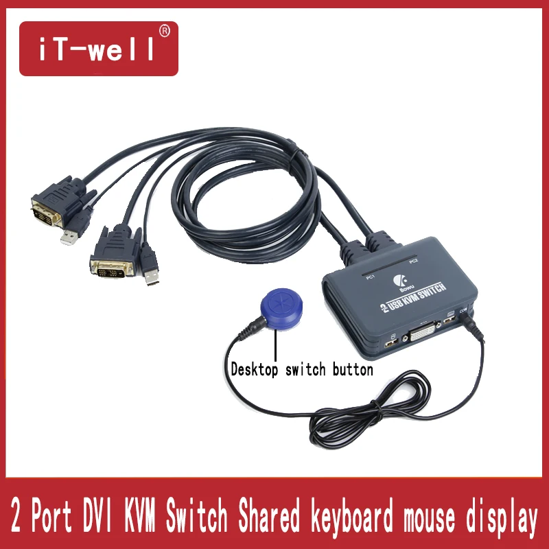 2 Port DVI KVM Switch Switcher With Cable for Dual Monitor