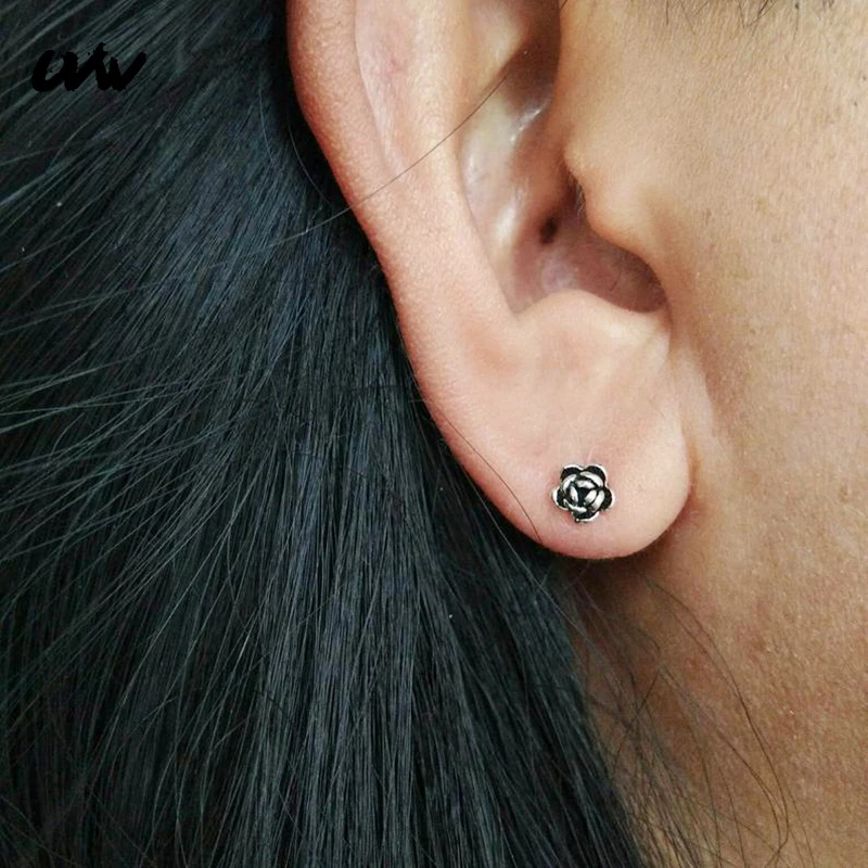 

UVW013 2pc 316L Steel Vintage Silver Black Gold Rose Flower Ear Stud Cartilage Piercing Earrings for Women Multi-use BodyJewelry