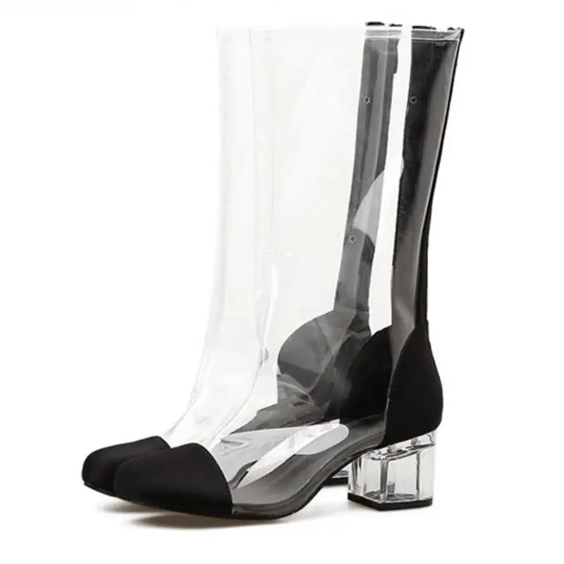 

FragrantLily Woman Boots PVC Waterproof Rainboots Shoes Autumn Transparent Thick Heel Mid High Rain Boots Lady Wellies Shoes