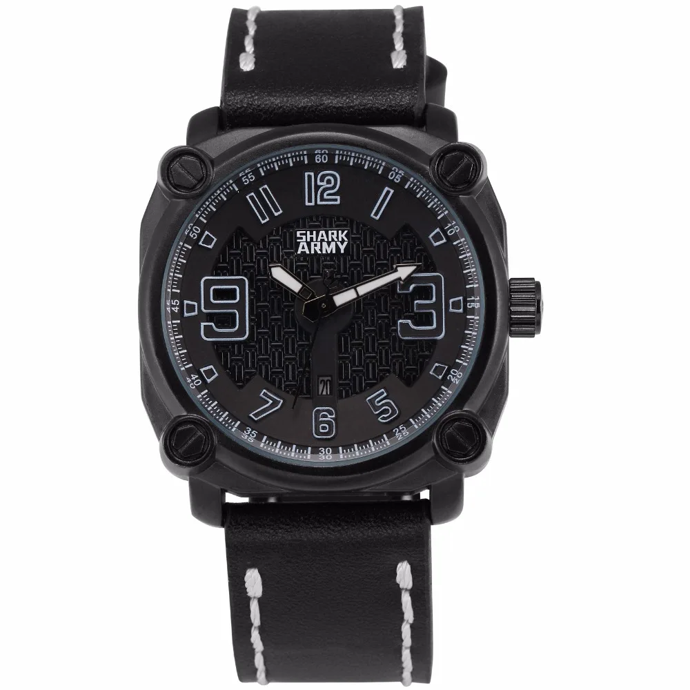 

SHARK ARMY Brand Watch Date 3D Analog Electroplate Dial Leather Strap Heren Horloge Quartz Military Men's Watchwrist / SAW227
