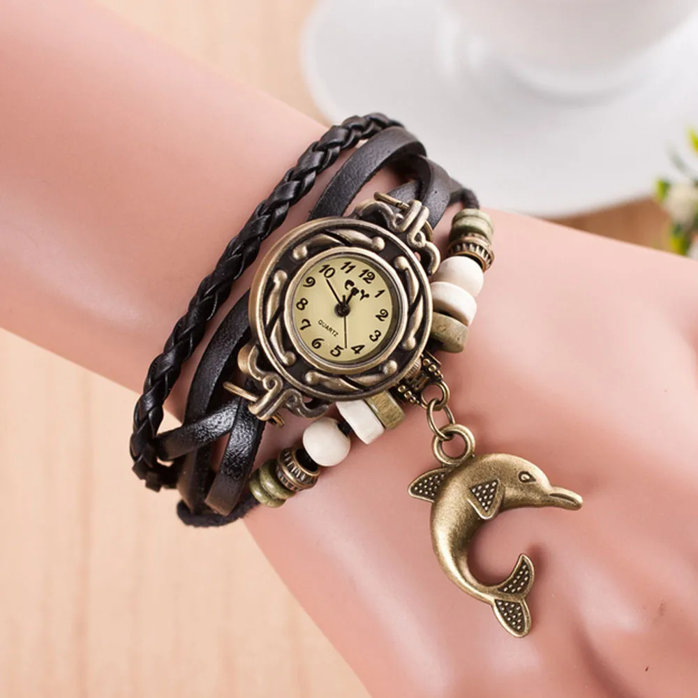 

Splendid Quartz Weave Around Leather Dolphin Bracelet Lady Woman Wrist Watch