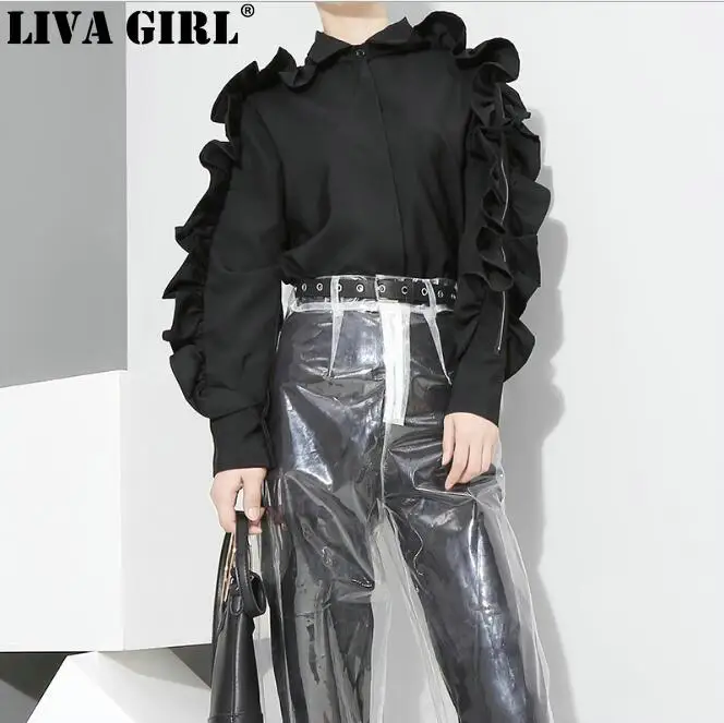 

New Korean Style Women Stylish Black Blouse Shirt Long Sleeve With Ruffles Girls Cute Wear Blouse chemise femme blusas