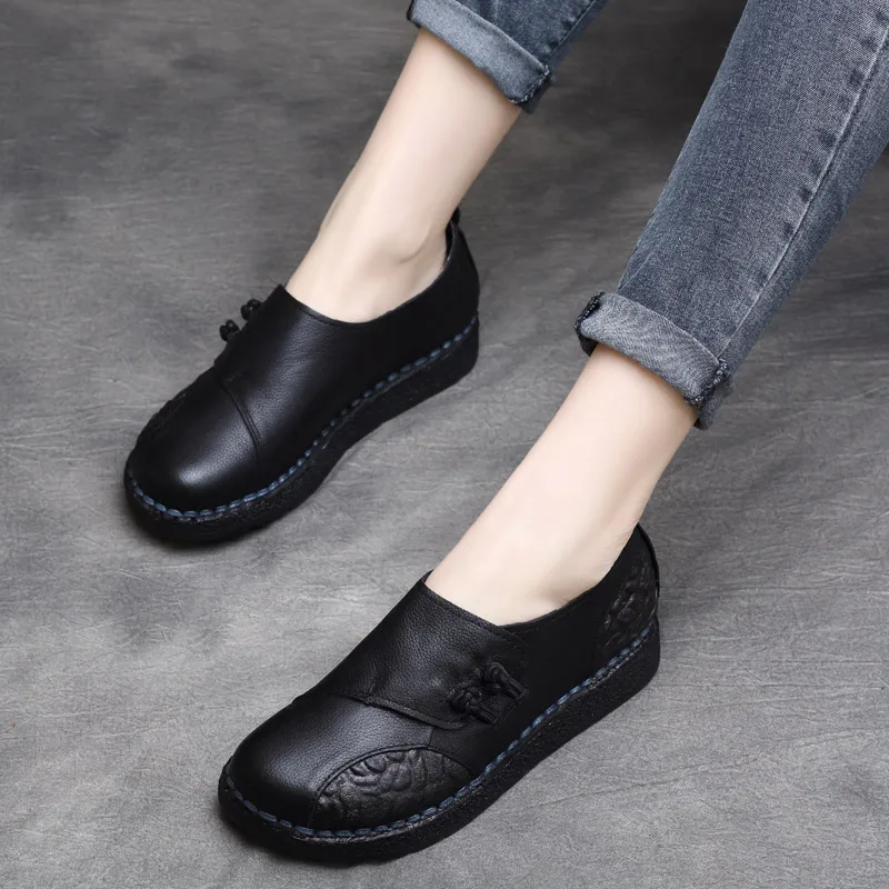 

Women Loafers Emboridery Leather Lazy Shoes Women Spring 2019 Black Soft Genuine Leather Women Flats Handmade Shoes Tyawkiho