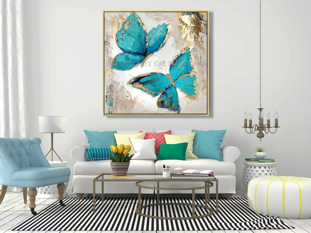 Newest Hand-painted Blue and Gold Winged Butterfly Oil Painting on Canvas for Decor Modern Abstract Knife Animals Wall Painting