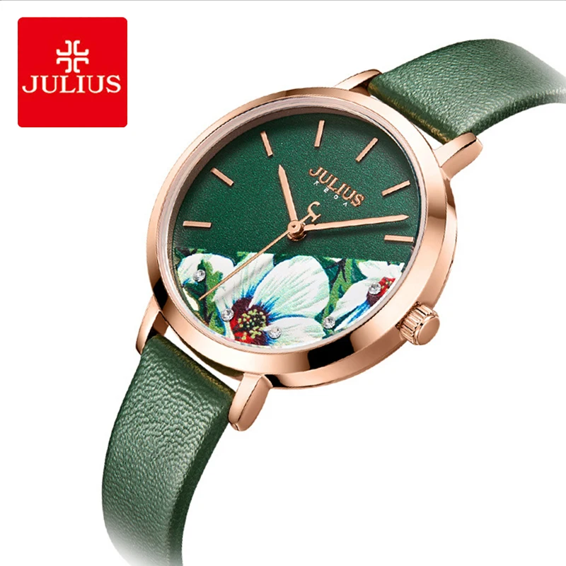 Koop Julius Merk Klassieke Groene Lederen Horloge Vrouw Retro 3D Multicolor Bloem Grote Wijzerplaat Quartz Horloges Dame Dress Horloges Geschenken