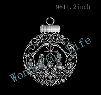 

Free shipping Large Nativity Ornament Iron on HotFix Rhinestone Bling Holiday Heat Transfer Applique