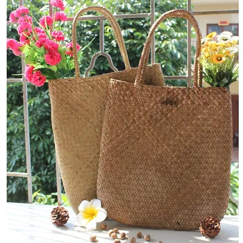 

Seaweed Woven Storage Bag For Women Straw Bags Handmade DIY Cane Grass Flower Pot Gift Organization Handbag