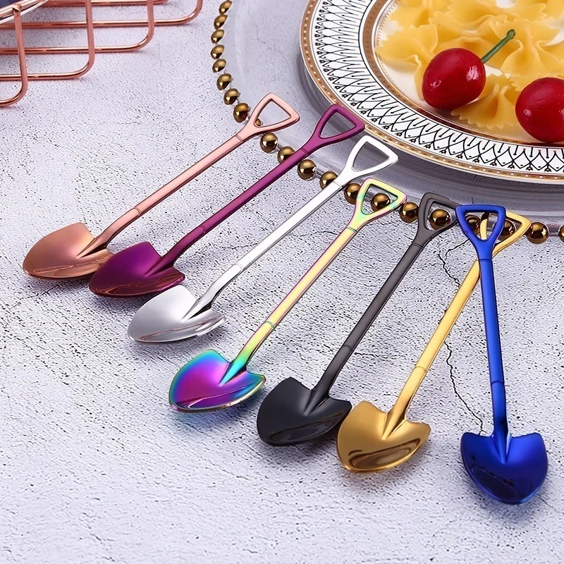 Description Picture 3 of item1PCS Creative Shovel Shape Dessert Spoon Stainless Steel Coffee Stirring Spoon Shovel Fork Fruit Fork Home Kitchen Tableware