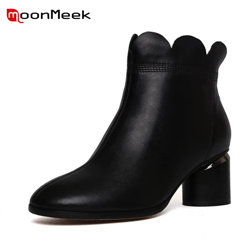 

MoonMeek HOT 2018 fashion woman ankle boots high heels genuine leather boots poplar autumn winter ladies boots round toe shoes