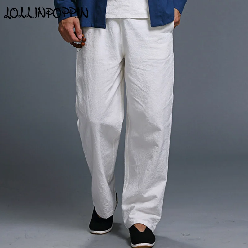 Solid Color Men Linen Pants Elastic Waist Comfortable Casual