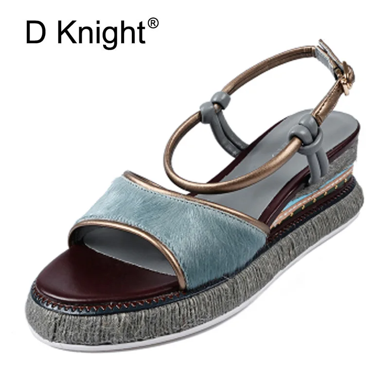 

Genuine Leather Wedges Heel Sandals Summer Shoes Woman Buckle Strap Platform Sandals Fashion Color Block Gladiator Heels Creeper