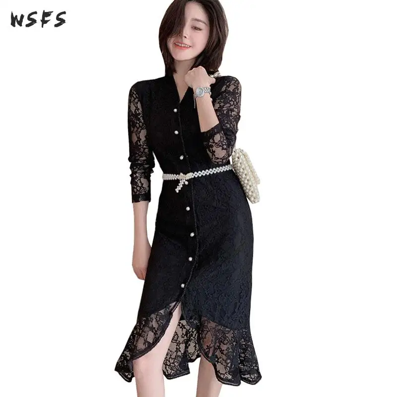 

Summer Lace Dresses Black Vneck See Through Women Dress 2019 Office Ladies Elegant Bandage Bodycon Sexy Midi Mermaid Wrap Dress