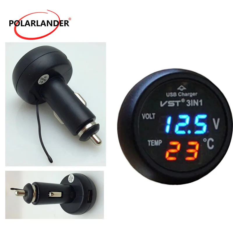 

Cigarette Voltmeter Meter 3 functions 12V/24V three in one 3in1 Auto Digital LED car Thermometer USB Car Charger