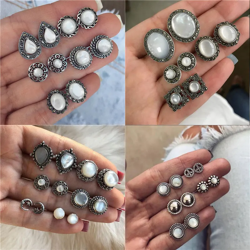

LETAPI Bohemian Silver Vintage Opal Stud Earrings Set For Women Retro Flower Earring 2019 Brincos BOHO Vintage Jewelry