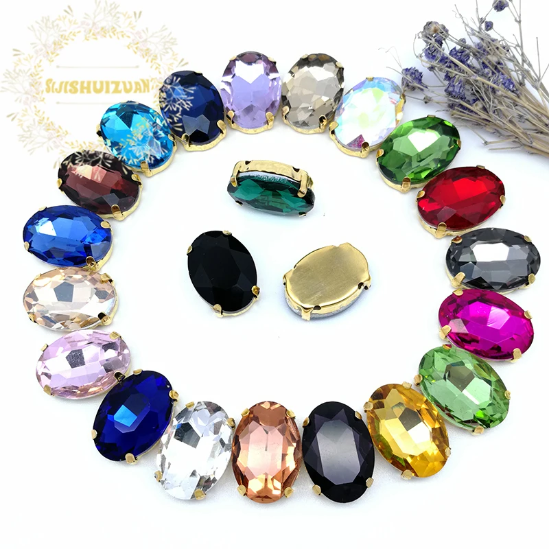 

Free shipping! Mix color Crystal Glass Sew-on OVAL Rhinestones with gold Claw DIY wedding Dresses and Clothes